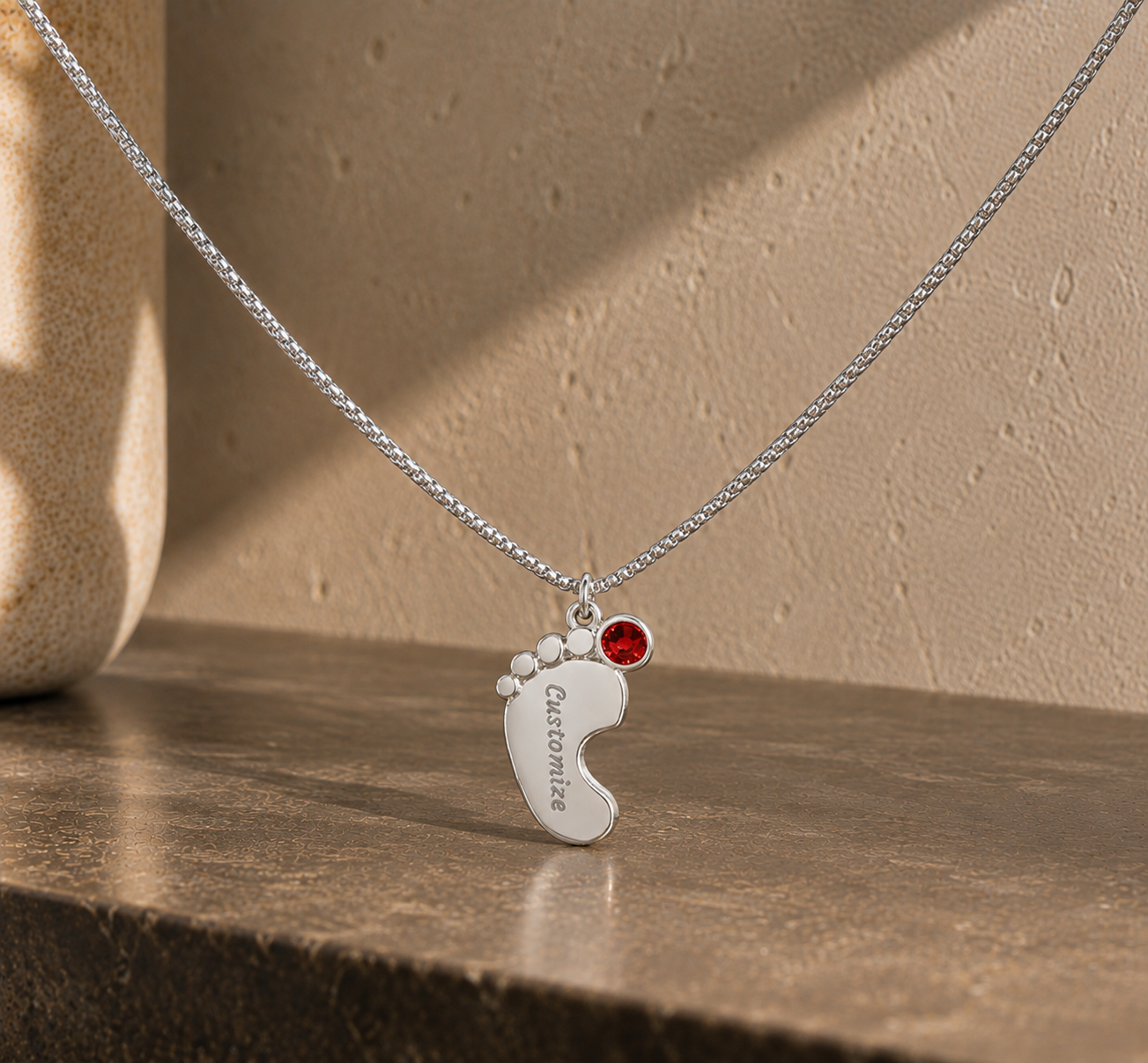 Baby Foot Birthstone Custom Engraved Necklace