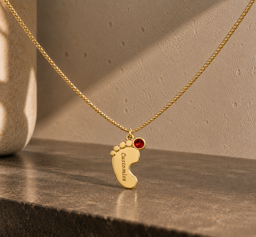 Baby Foot Birthstone Custom Engraved Necklace