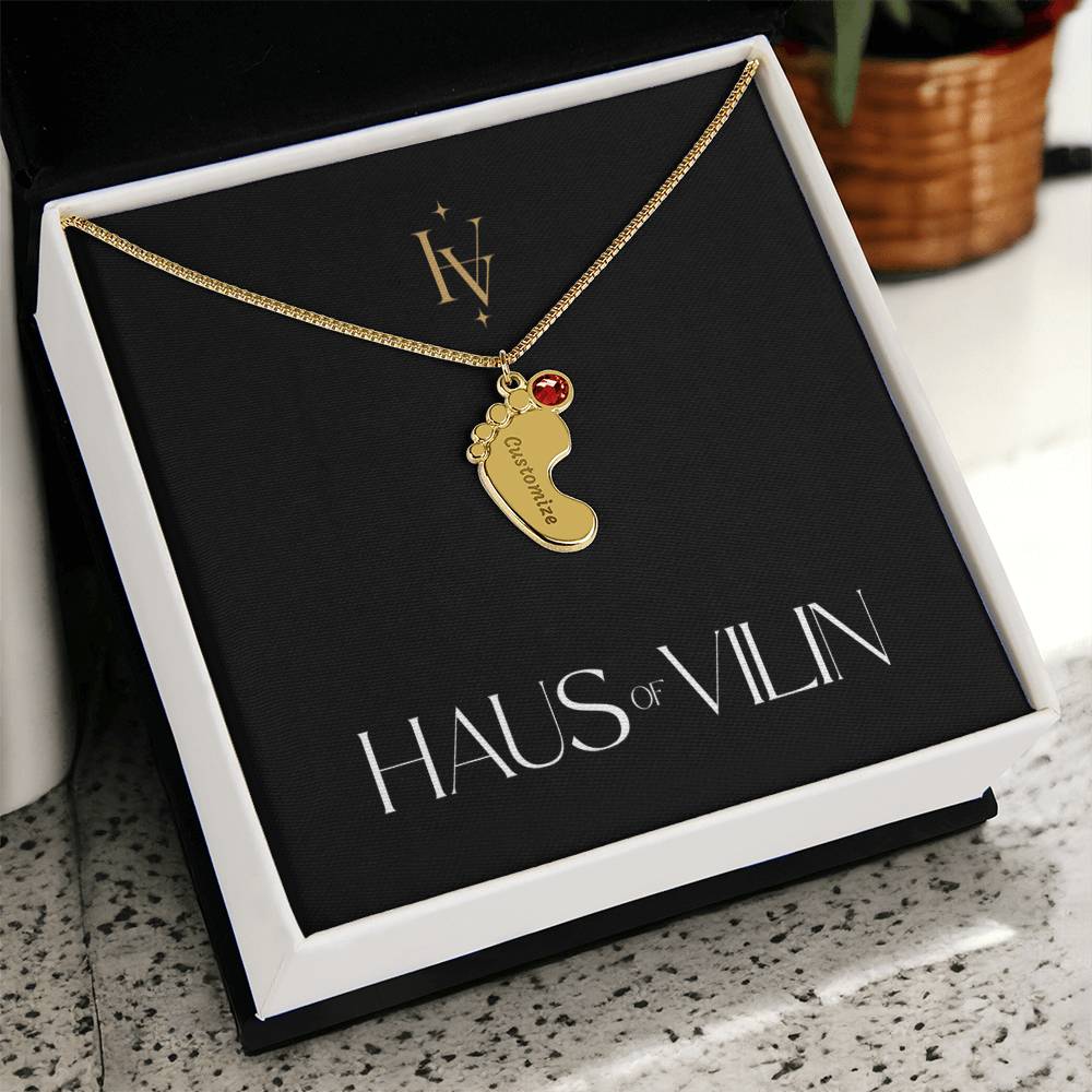 Baby Foot Birthstone Custom Engraved Necklace