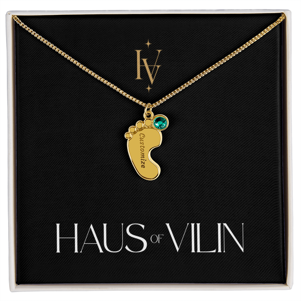 Baby Foot Birthstone Custom Engraved Necklace