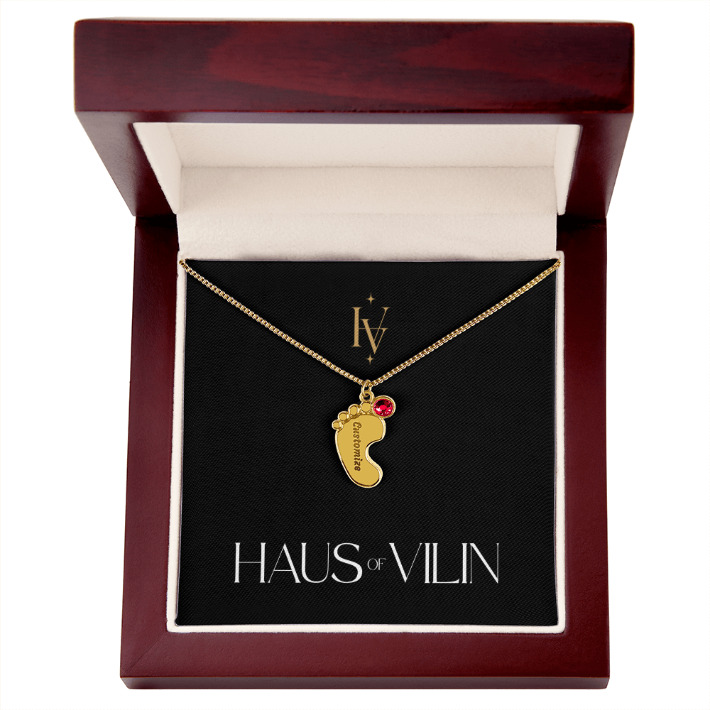 Baby Foot Birthstone Custom Engraved Necklace